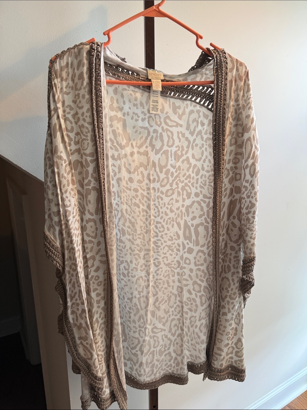 Chico’s Lightweight Beige Animal-Print Kimono Cardigan
